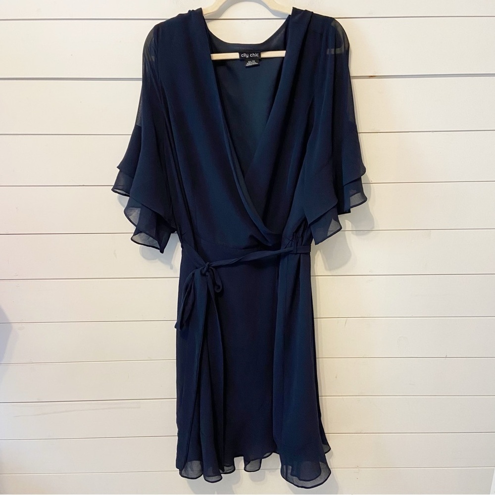 City Chic | Blue Flutter Frill Mini Tie Waist Faux Wrap Dress Size XXL/24 - Picture 4 of 11